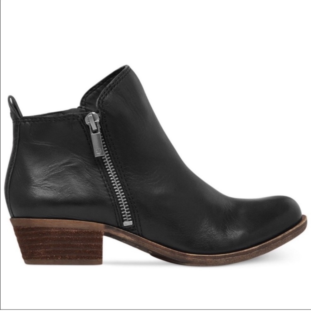 Lucky Brand Black Leather Ankle Booties with Brown Stacked Heel